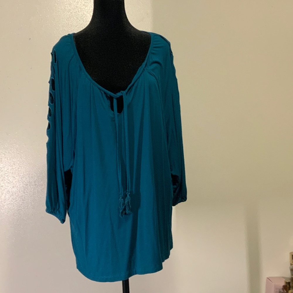 Philosophy Teal Blouse with Tie and Cut-Out Sleeves
